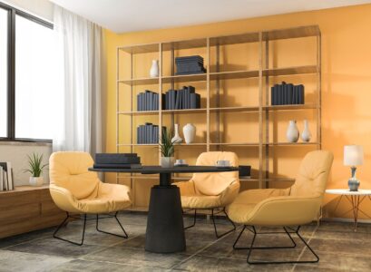 3d rendering yellow decoration living room with nice furniture