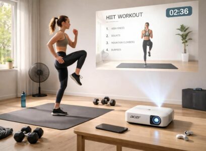 découvrez nos cours hiit dynamiques avec des routines projetées grâce au mini vidéoprojecteur acer. un setup pratique pour s'entraîner efficacement chez soi.