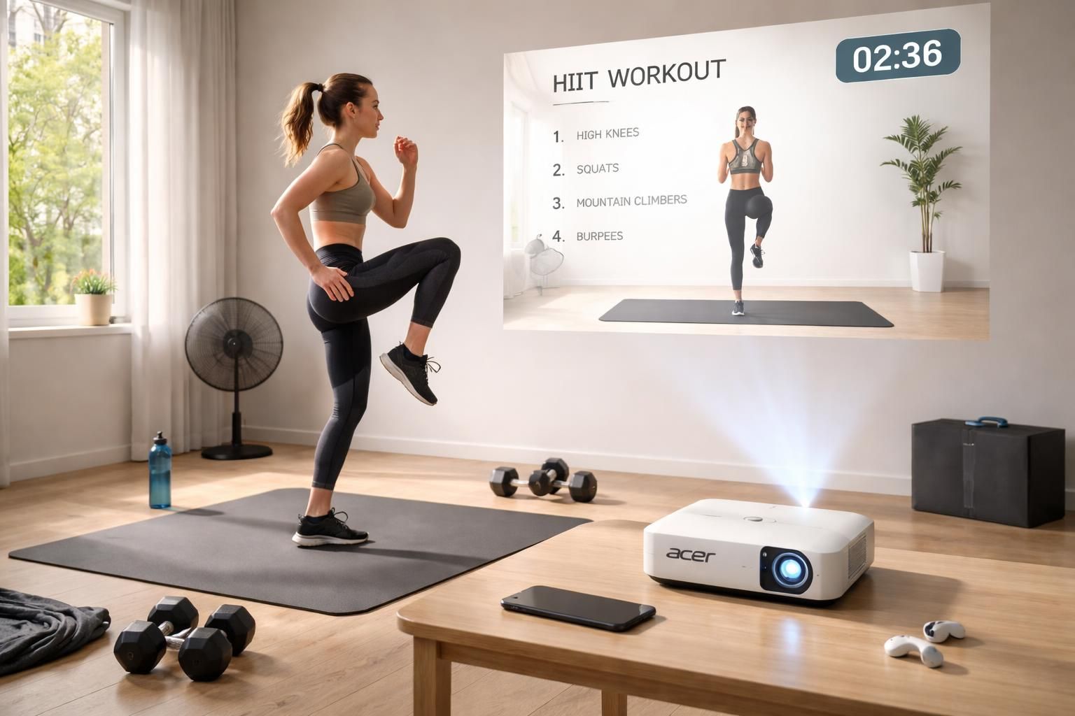 découvrez nos cours hiit dynamiques avec des routines projetées grâce au mini vidéoprojecteur acer. un setup pratique pour s'entraîner efficacement chez soi.