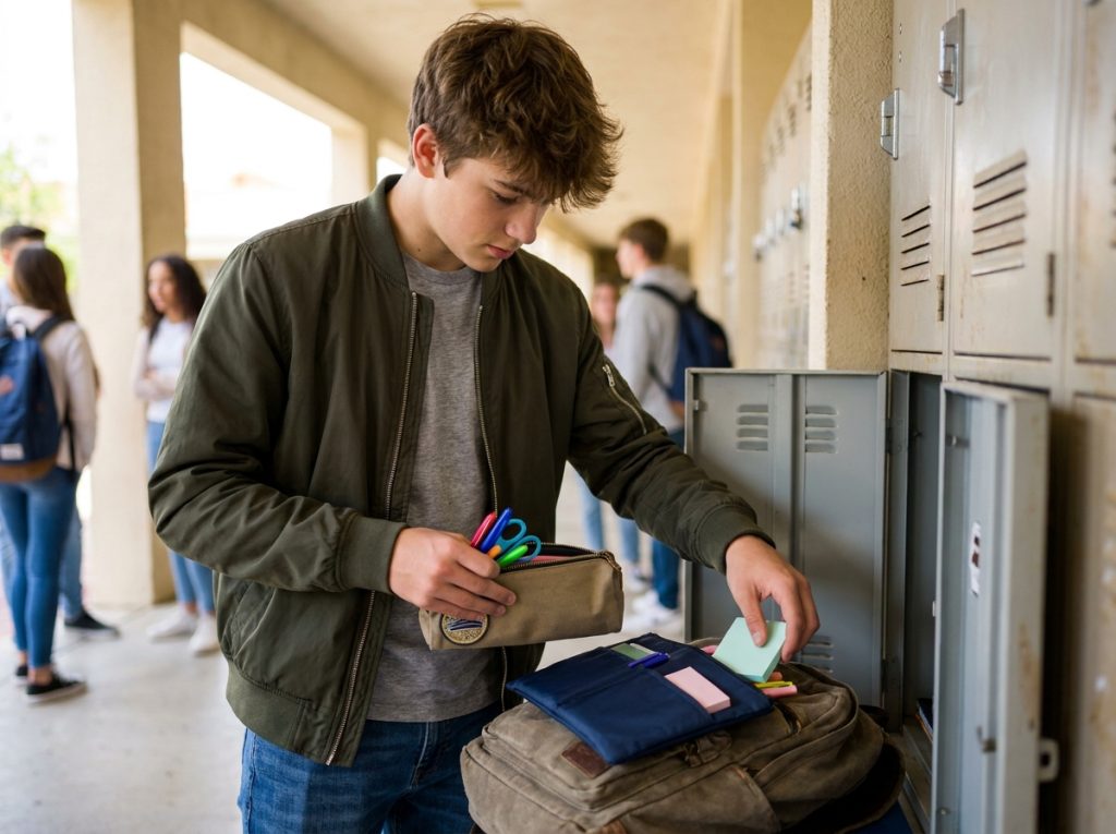 Adolescent comparant une trousse scolaire et une pochette multi-usages devant son casier dans un couloir de lycée