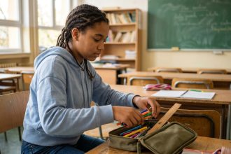 Adolescente rangeant ses fournitures scolaires dans une trousse classique sur un bureau en bois en salle de classe