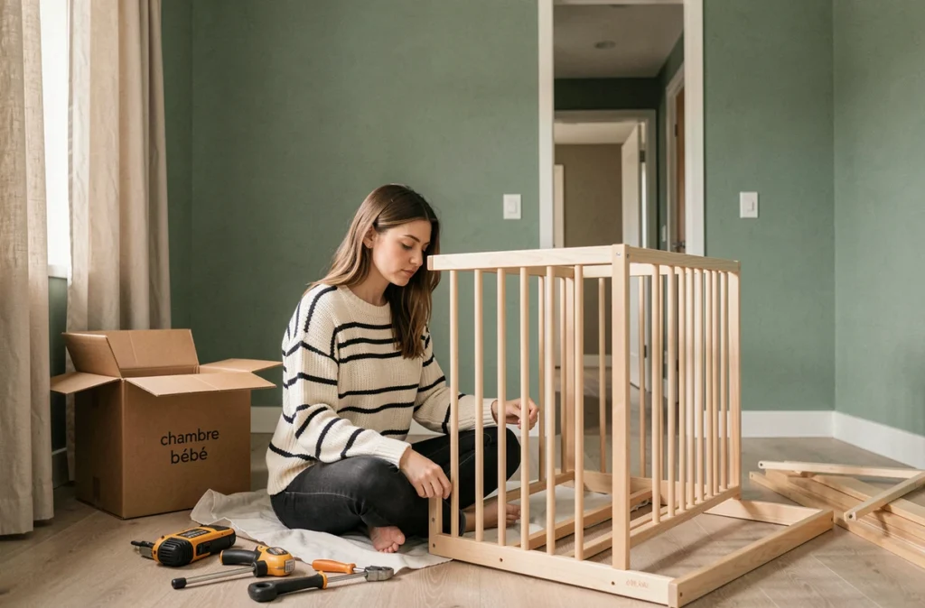 Femme assemblant un lit de bébé dans une nouvelle chambre après un déménagement lié à l'agrandissement de la famille