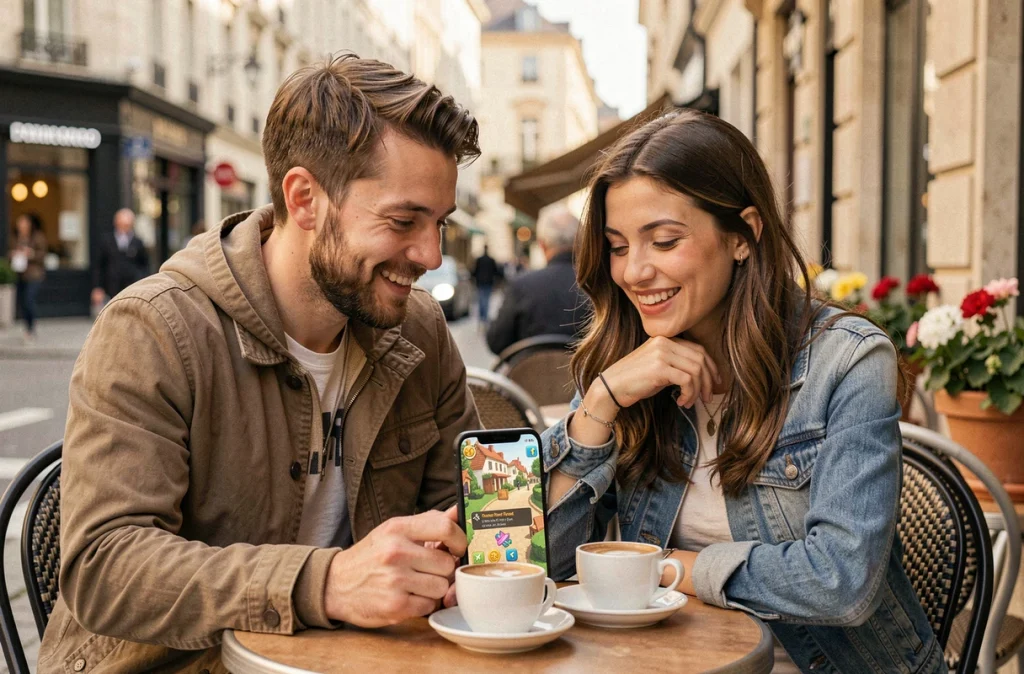 Deux amis découvrant des liens de tours gratuits Coin Master sur smartphone dans un café