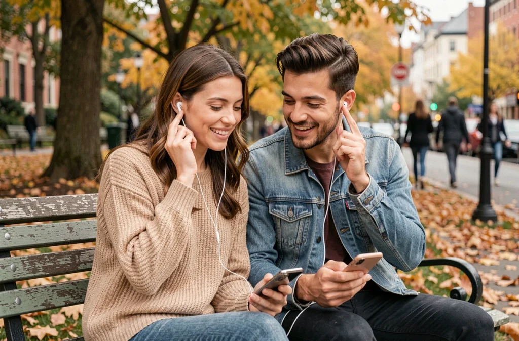Deux amis partageant des écouteurs sur un banc de parc en automne, découvrant ensemble de la musique anglaise