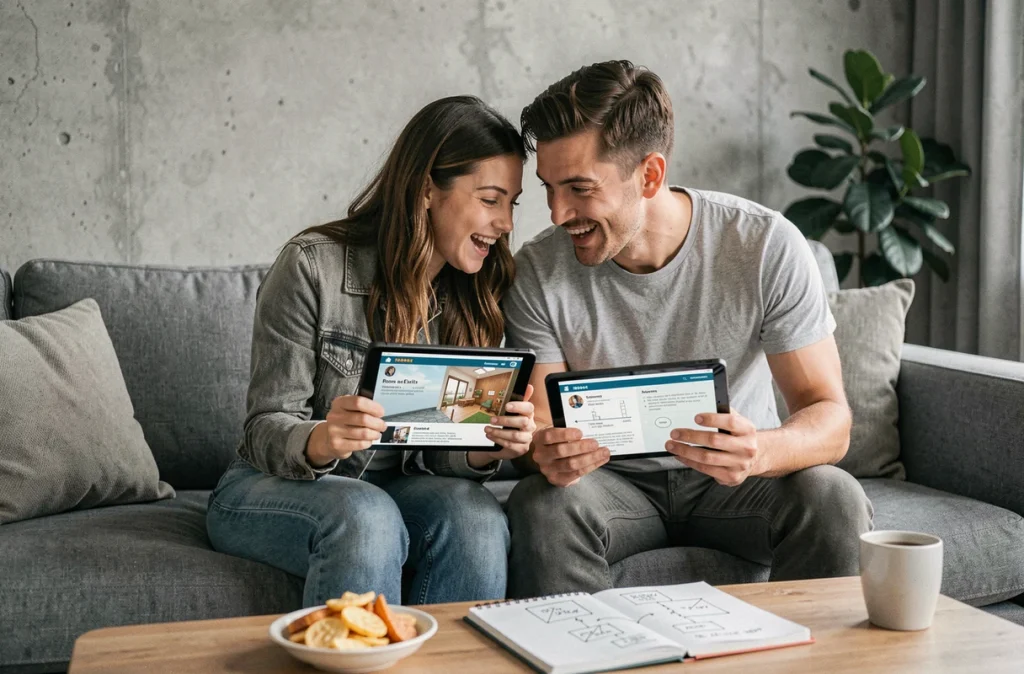 Deux amis comparant les solutions du jeu Rooms and Exits sur tablette dans un salon moderne