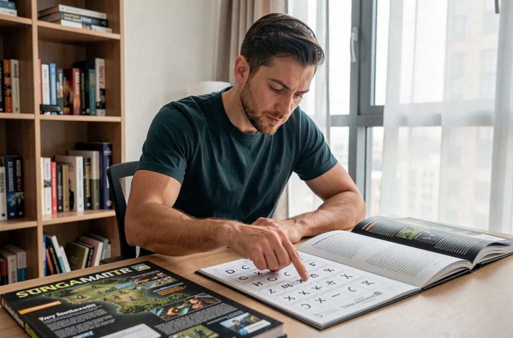 Homme adulte analysant un tableau de faiblesses et résistances des Pokémon Psy sur un bureau organisé