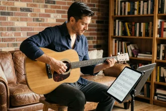 Guitariste adulte apprenant les tablatures Santiano sur une tablette numérique posée sur un pupitre dans un salon chaleureux