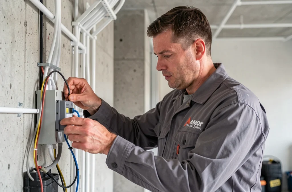 Technicien d'Armor Electric System en train de câbler un boîtier électrique dans un bâtiment résidentiel moderne à Rennes