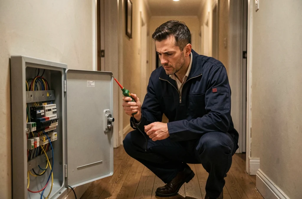 Technicien d'Artisan Breton Assistance Dépannage réparant un boîtier de fusibles dans un couloir résidentiel à Rennes