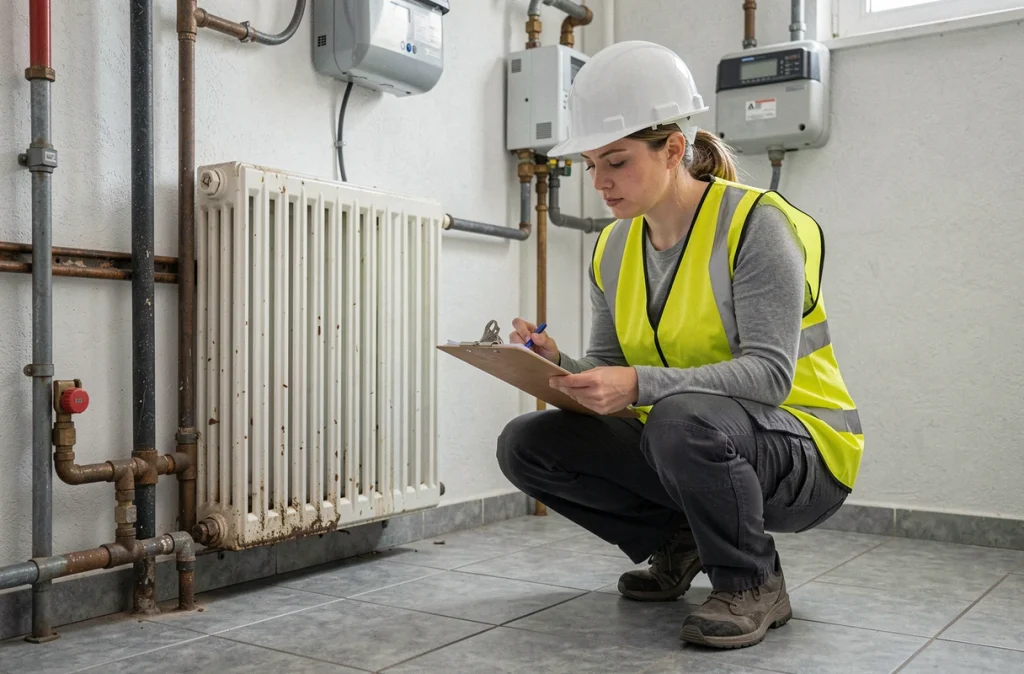 Auditrice énergétique réalisant un diagnostic de performance énergétique DPE dans la chaufferie d'une maison individuelle française