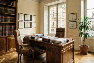 Bureau d'avocat classique à Dijon avec bibliothèque juridique, dossiers et parquet en bois