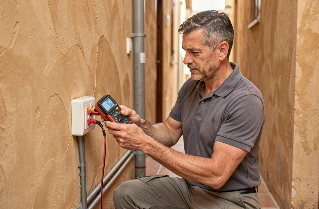 Électricien Bernard Elec testant des prises électriques dans une maison de ville au Cannet
