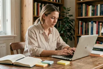 Femme lisant un blog littéraire atypique sur un ordinateur portable dans un bureau cosy entouré de livres et de notes manuscrites