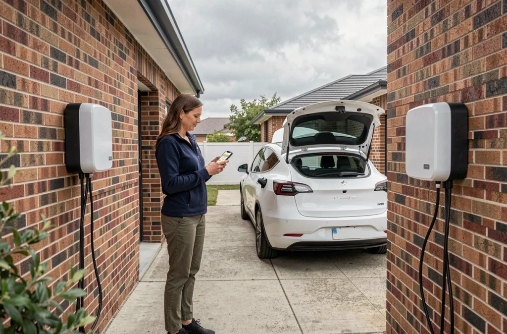 Une femme consultant une application de recharge sur smartphone devant une borne murale installée à l'extérieur de sa maison avec une voiture électrique