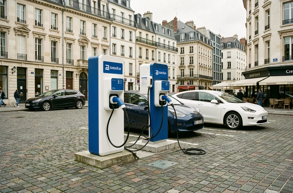 Borne de recharge électrique publique sur une place pavée d'une ville de taille moyenne en France avec plusieurs véhicules branchés