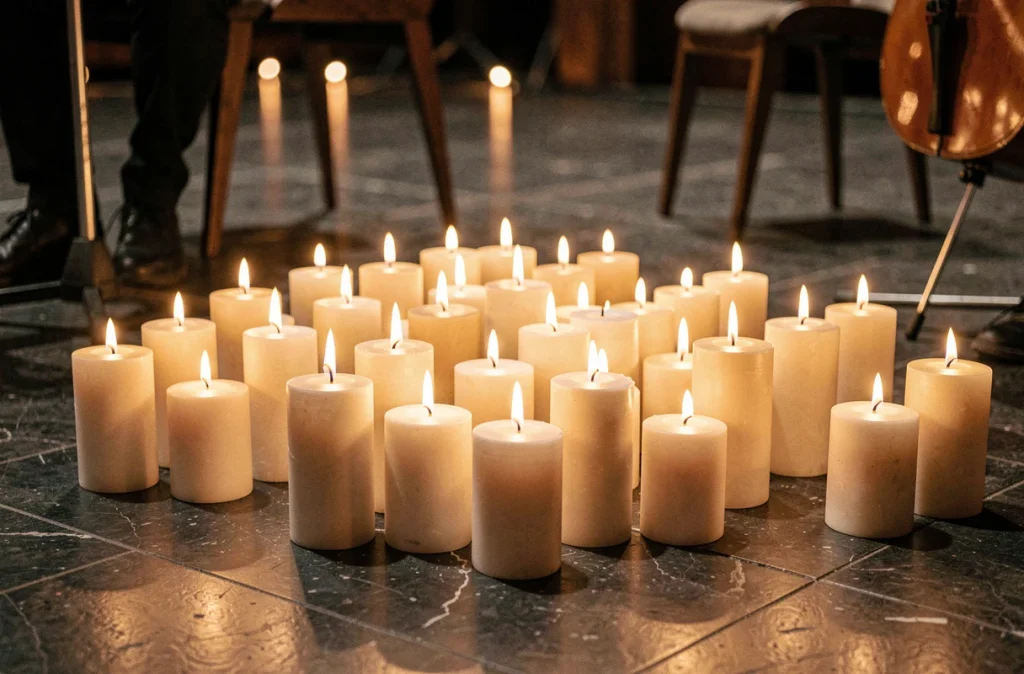 Gros plan sur un arrangement de bougies pilier blanches posées sur le sol d'une salle de concert Candlelight à Lyon
