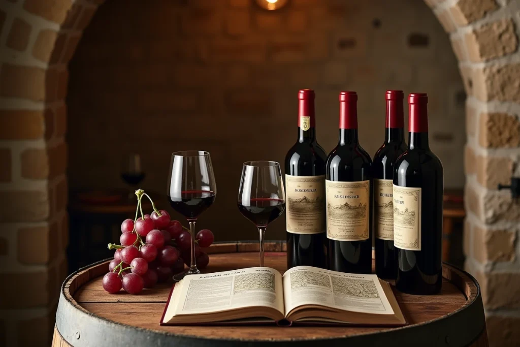 Bouteilles de vin de Bordeaux et de Bourgogne côte à côte dans une cave en pierre avec un atlas vinicole ouvert, illustrant les origines des couleurs bordeaux et burgundy
