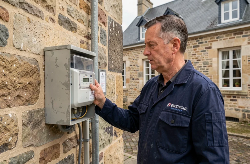 Électricien de Bretagne Courant vérifiant un compteur électrique extérieur sur un bâtiment en pierre rénové à Rennes