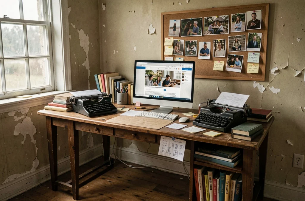 Bureau d'écrivain encombré avec un blog ouvert sur ordinateur entouré de photos, de fiches et d'une machine à écrire vintage