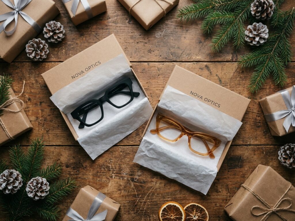 Présentation de cadeaux de Noël avec des montures de lunettes inspirées de la science-fiction dans des boîtes ouvertes sur une table en bois rustique
