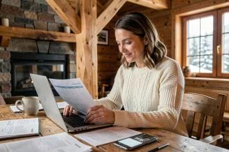 Femme consultant un calendrier de location dans un chalet en bois avec ordinateur portable et calculateur de dates