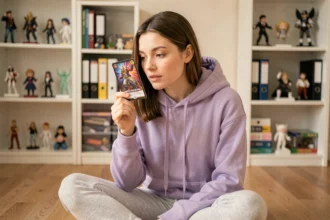 Jeune femme tenant une carte Pokémon de type Psy dans une pièce de collection décorée de figurines
