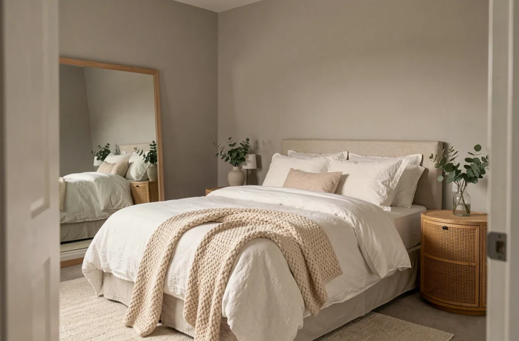 Chambre principale apaisante avec literie en lin blanc et ocre, tables de chevet en rotin et miroir pleine longueur pour une mise en vente réussie