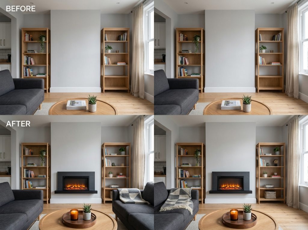 Vue grand angle d'un studio décoré avec une cheminée factice noire comme point focal, encadrée d'étagères en bois et d'un canapé en lin