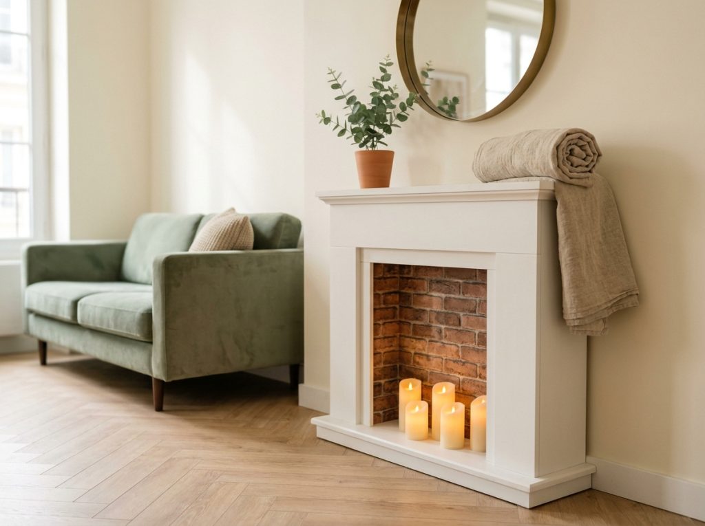 Cheminée factice blanche dans un coin de studio parisien avec miroir rond et branche d'eucalyptus sur le manteau