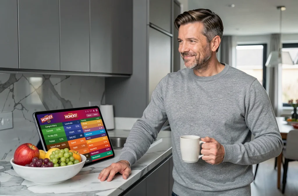 Homme consultant les statistiques et le classement du Club des Magnats de Monopoly GO sur une tablette dans une cuisine moderne, illustrant les techniques pour progresser plus vite dans le jeu