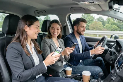 Trois collègues adultes partageant un covoiturage quotidien dans une voiture compacte moderne, regardant une application de covoiturage sur smartphone