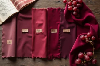Comparaison de nuances bordeaux et burgundy sur des échantillons de tissu velours et soie disposés en flat lay sur une table en chêne