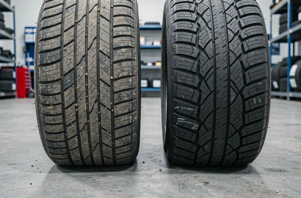Comparaison côte à côte d'un pneu été usé et d'un pneu hiver neuf sur le sol d'un garage
