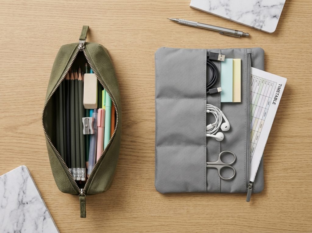 Vue de dessus d'une trousse scolaire et d'une pochette multi-usages ouvertes côte à côte avec fournitures et accessoires variés