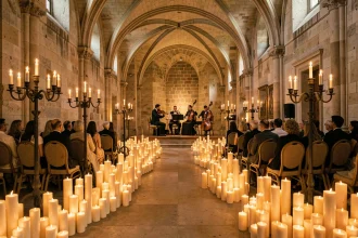 Concert Candlelight Lyon dans une salle historique illuminée par des centaines de bougies avec un quatuor à cordes en tenue formelle