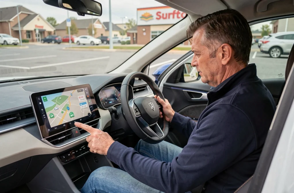 Homme consultant l'écran de navigation de sa voiture électrique garée dans un parking de ville moyenne avec interface de planification d'itinéraire