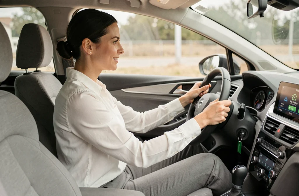 Femme au volant adoptant une conduite éco-responsable en consultant l'indicateur de conduite économique du tableau de bord