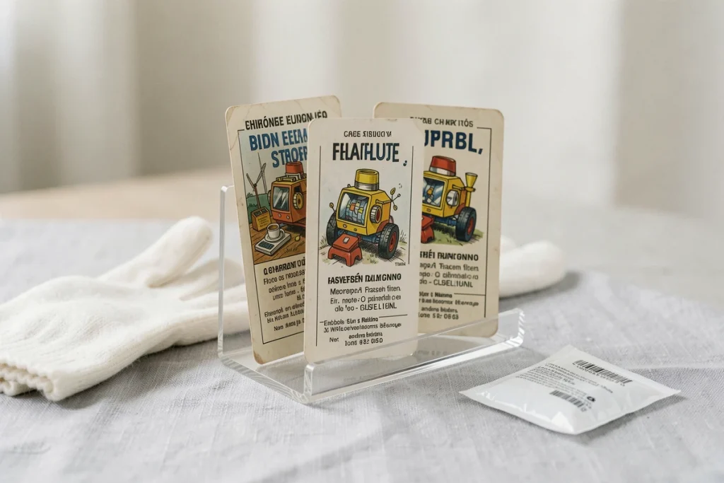 Gros plan de télécartes françaises vintage exposées dans un support acrylique avec accessoires de conservation comme gants et sachet de gel de silice
