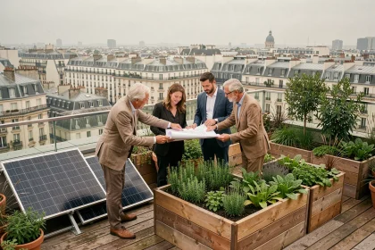 Copropriétaires réunis sur le toit végétalisé d'un immeuble urbain avec panneaux solaires et potagers partagés