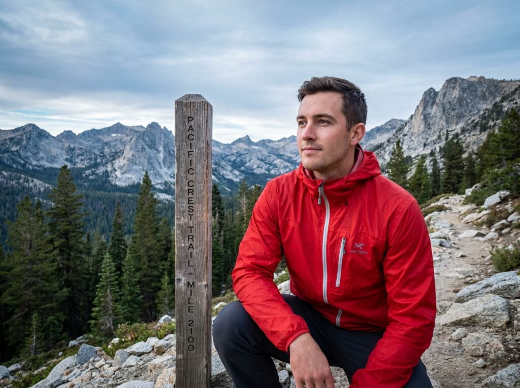 Randonneur en coupe-vent rouge technique accroupi sur un sentier de montagne avec paysage alpin en arrière-plan
