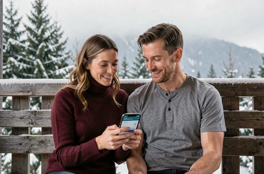 Couple consultant un calculateur de durée de location sur smartphone depuis la terrasse enneigée d'un chalet