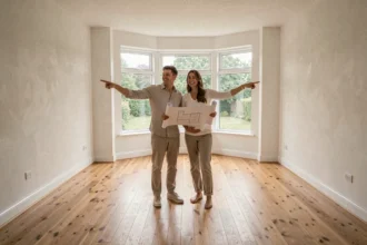 Couple attendant un enfant visitant une grande maison vide avant un déménagement familial en 2024