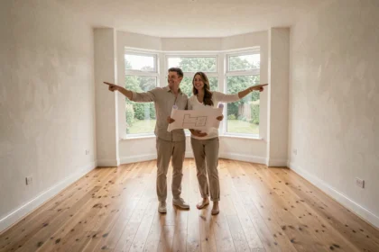 Couple attendant un enfant visitant une grande maison vide avant un déménagement familial en 2024