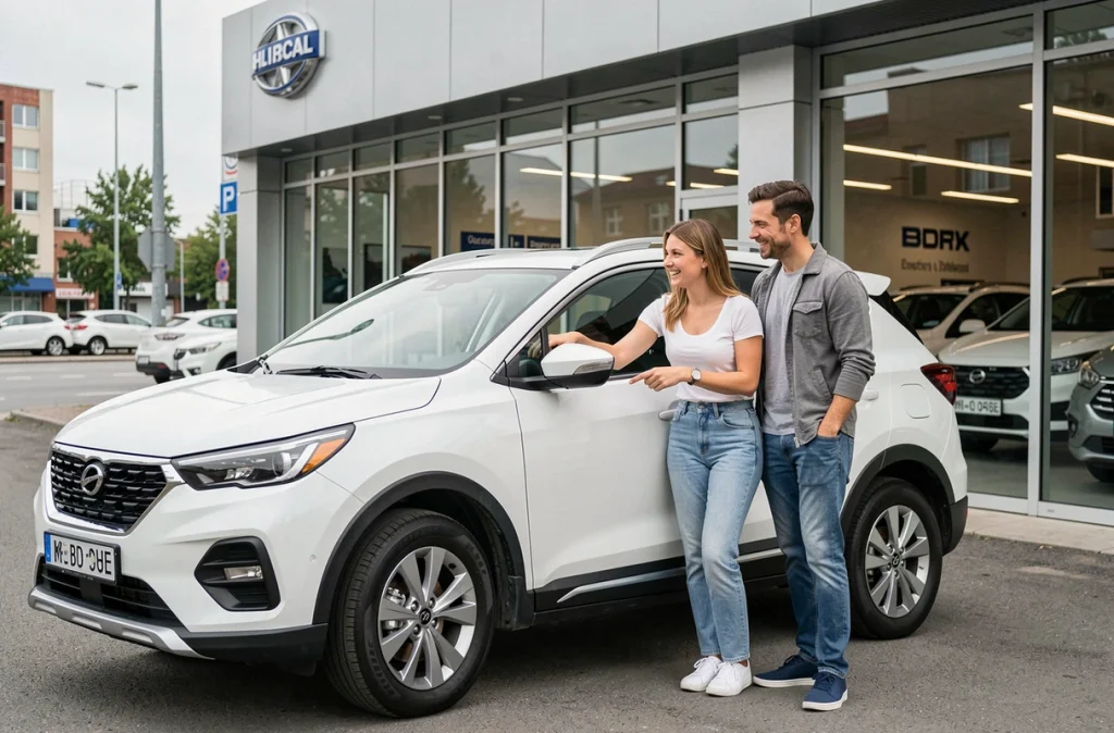 Couple examinant un SUV devant une concession automobile dans le cadre d'une location longue durée