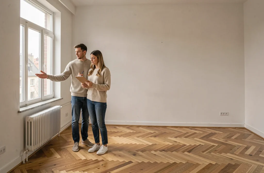 Couple de jeunes acheteurs visitant un appartement vide lors d'une première acquisition immobilière
