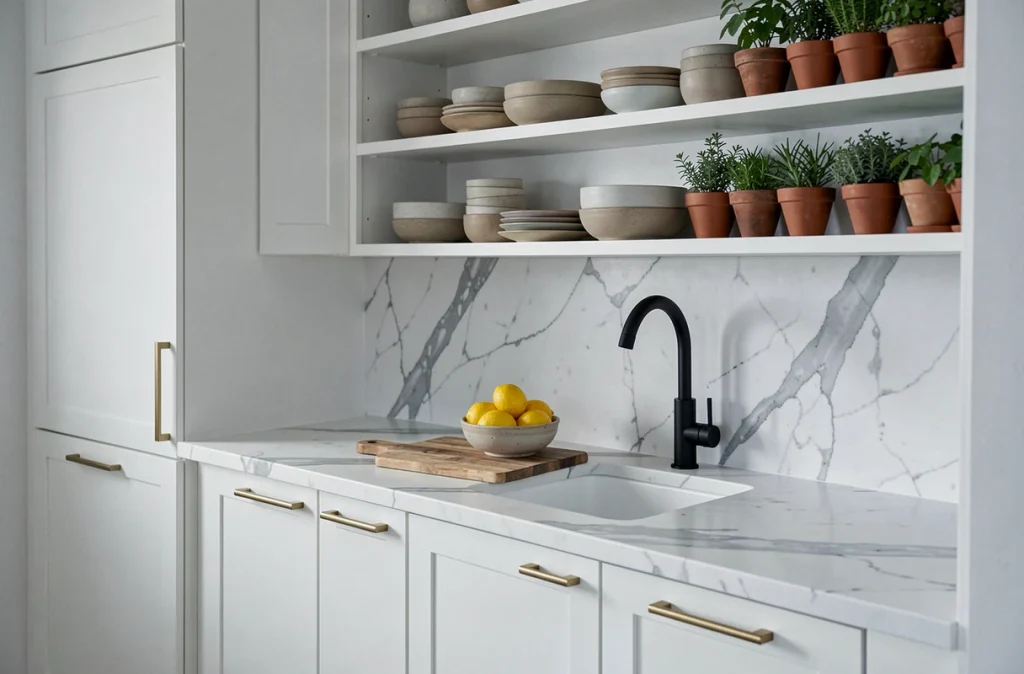 Cuisine scandinave minimaliste avec armoires blanches mates, plan de travail en marbre et accessoires en laiton brossé pour valoriser un bien immobilier