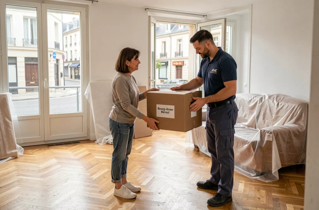 Cliente supervisant un déménageur professionnel dans un appartement vide à Bourg-en-Bresse dans l'Ain