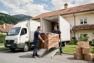 Deux déménageurs professionnels portant un meuble depuis un camion de déménagement devant une maison en Ain