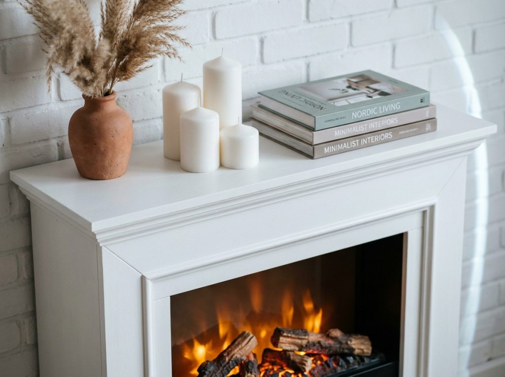 Gros plan sur le manteau d'une cheminée factice décoré de bougies, livres design et vase en terre cuite avec herbes de pampa
