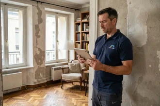 Diagnostiqueur immobilier professionnel inspectant les murs d'un appartement parisien avec une tablette numérique lors d'un diagnostic obligatoire en 2024